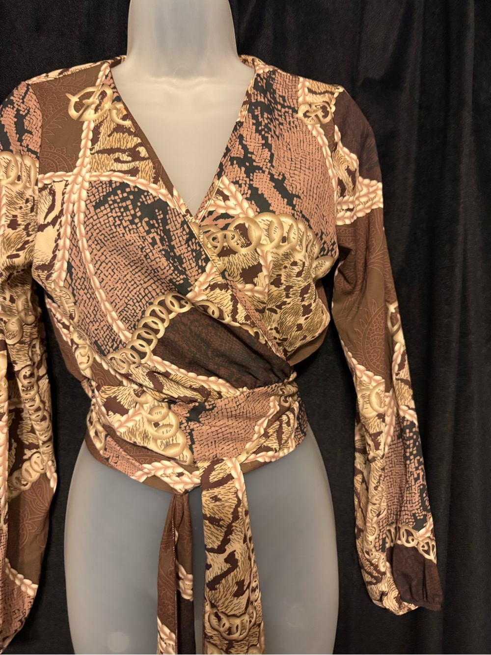 Fashion Nova Brown & Gold Printed Wrap Crop Top